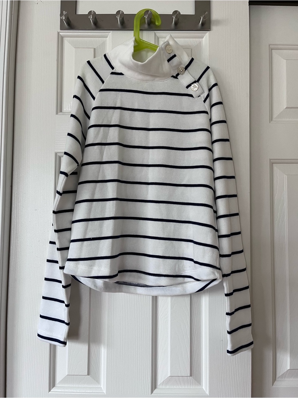 Girls White and Navy Striped Button-Neck Pullover